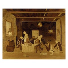 Escena de género interior de finales del siglo XX Panel italiano de marquetería con incrustaciones de madera