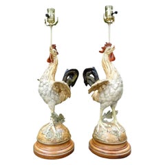Pair of Antique French Cast Iron Rooster Lamps