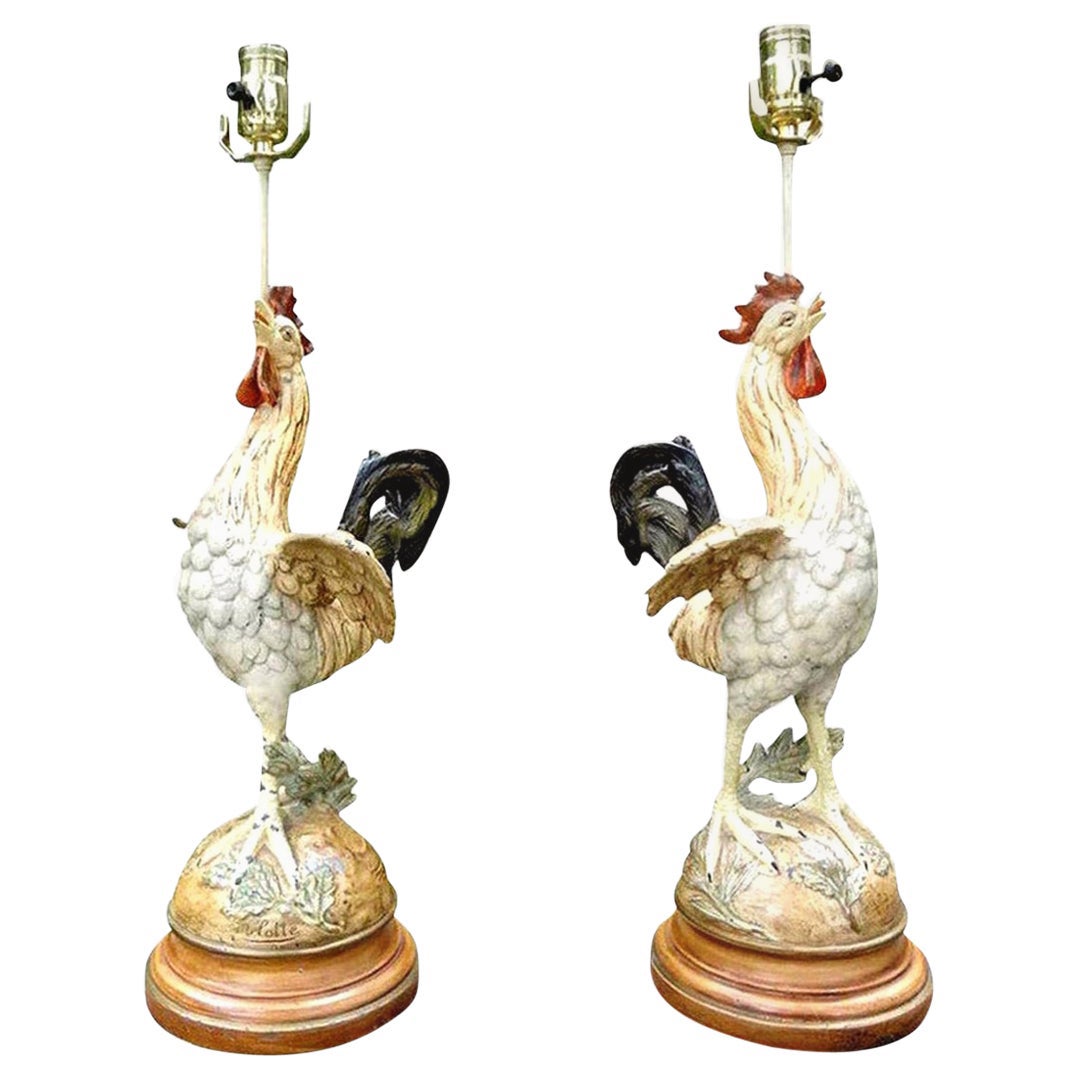 Pair of Antique French Cast Iron Rooster Lamps
