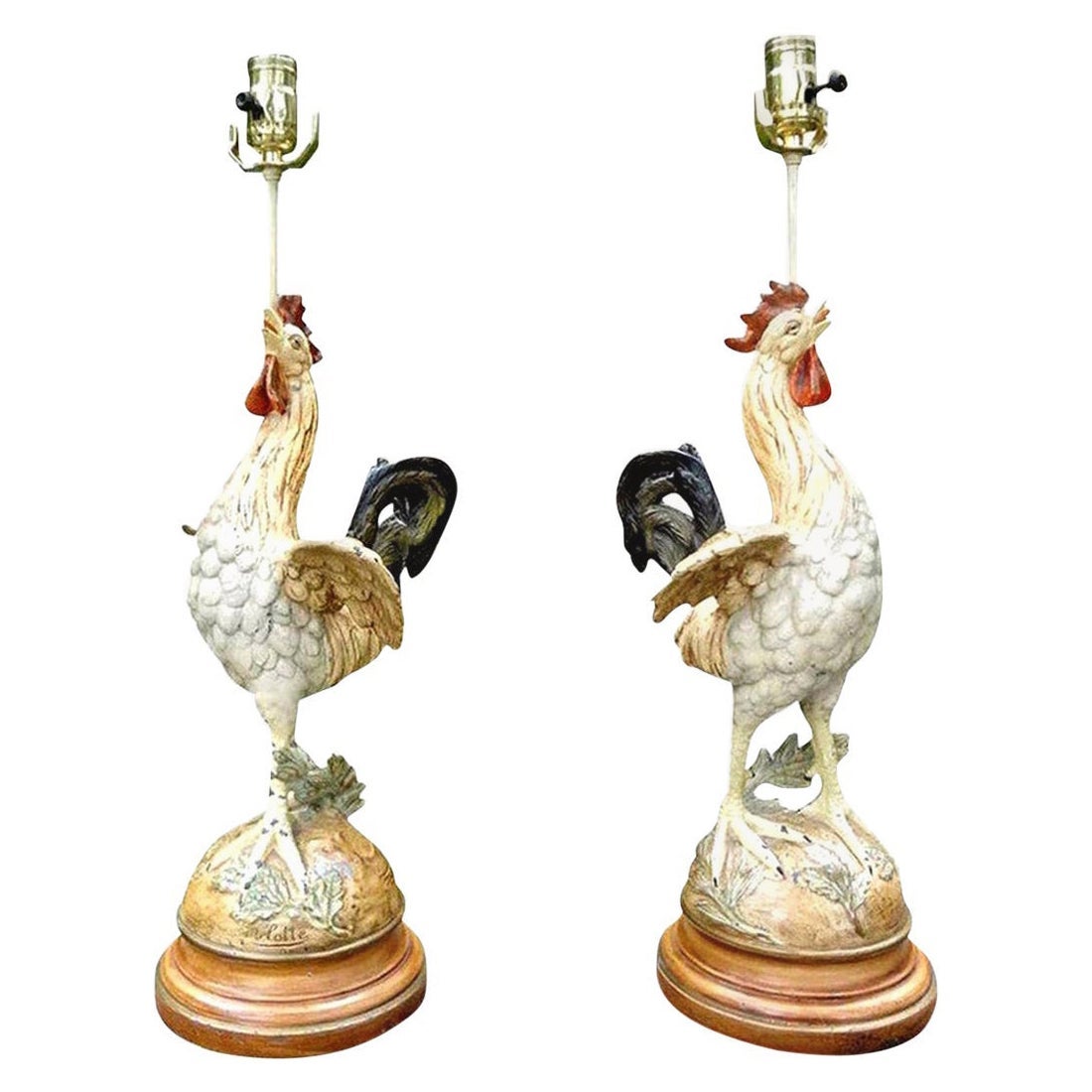 Pair of Antique French Cast Iron Rooster Lamps