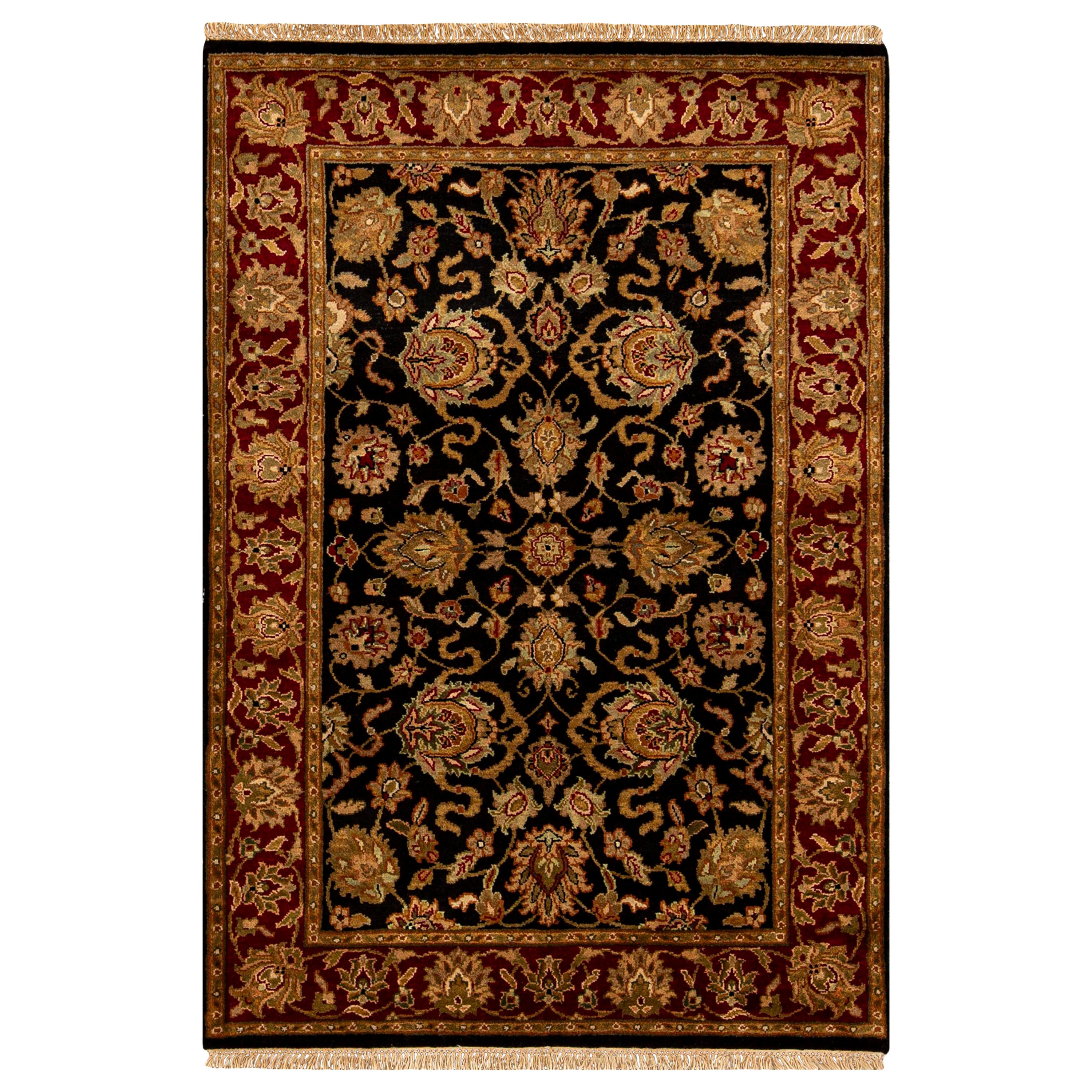 Traditioneller handgewebter luxuriöser schwarzer / roter Teppich aus Wolle 4''1x6''1