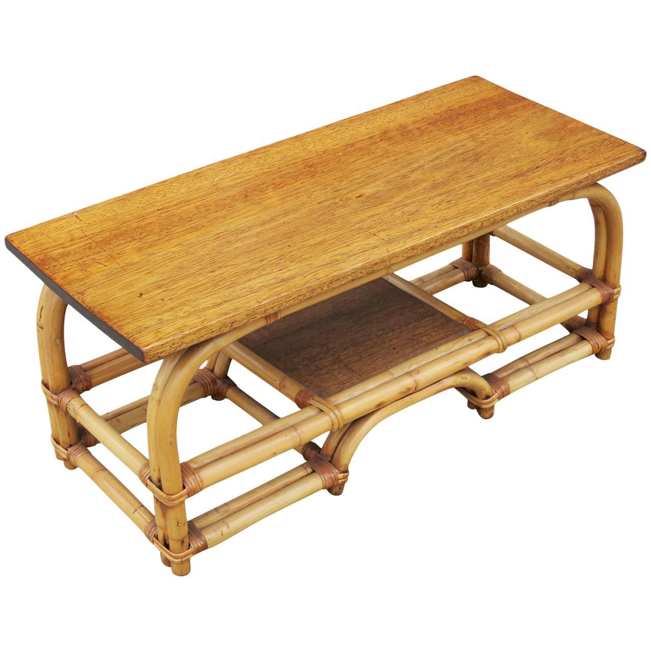 Restored Two-Tier Rattan Coffee Table with Mahogany Top