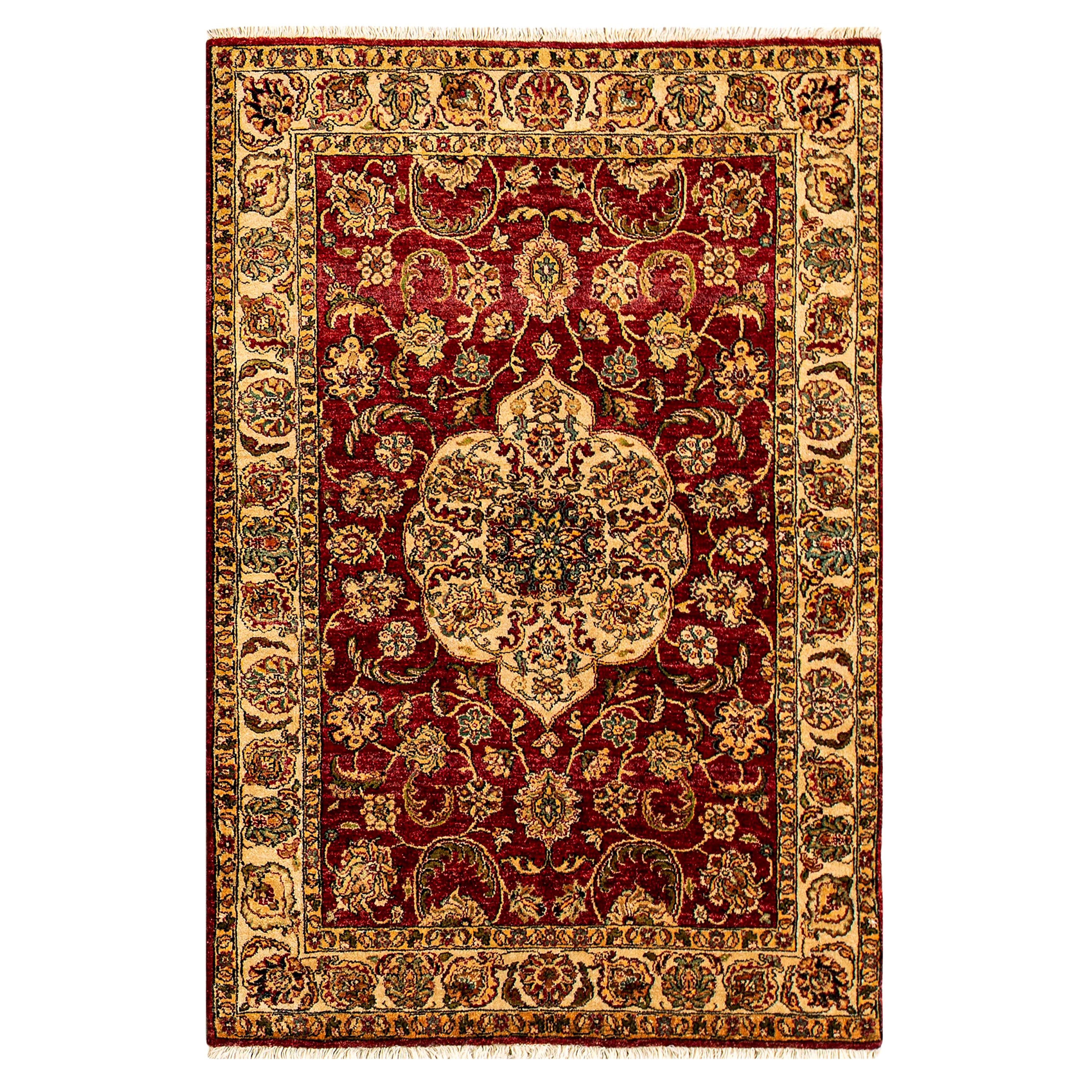 Traditioneller handgewebter Luxus  roter / cremefarbener Teppich aus Wolle 4''1x6''