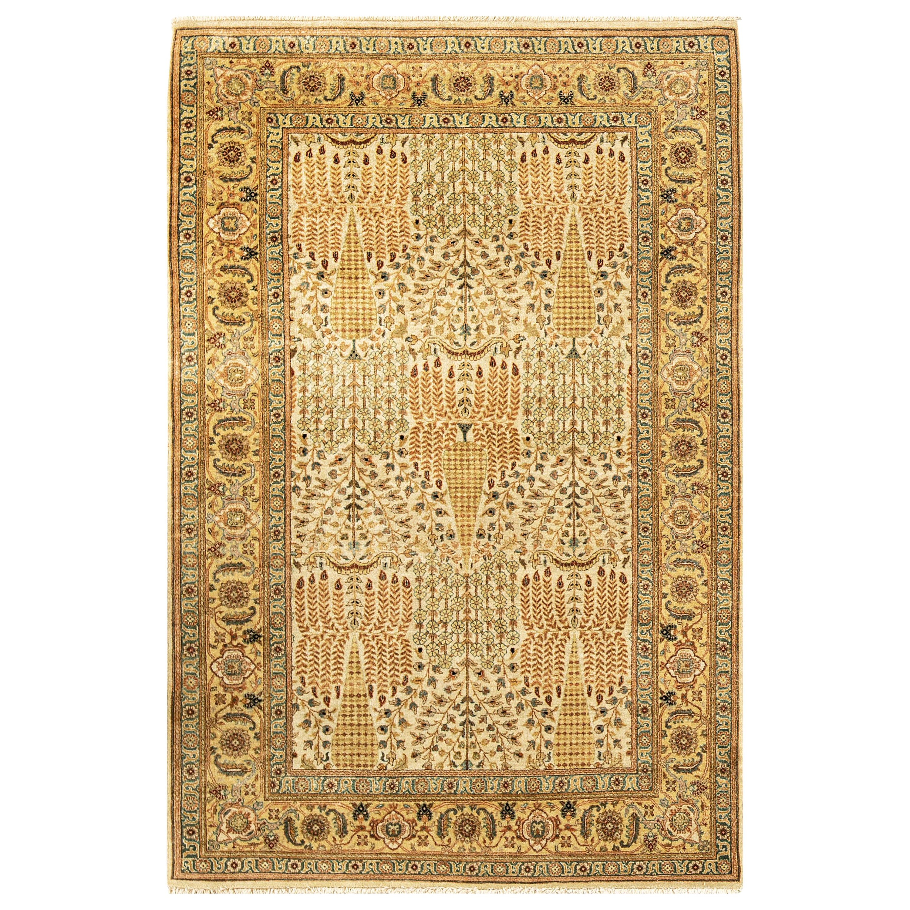 Traditioneller handgewebter elfenbeinfarbener / goldener Teppich aus Wolle 4''x6''
