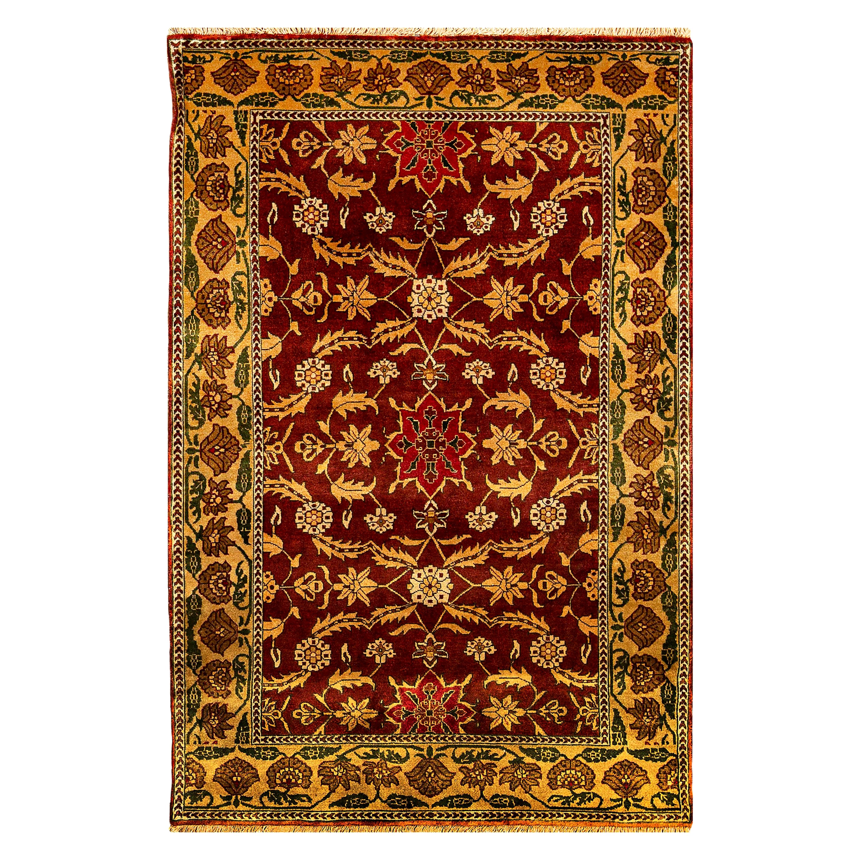 Handgewebter luxuriöser roter / goldener Teppich aus Wolle 3''11x5''9 im Angebot