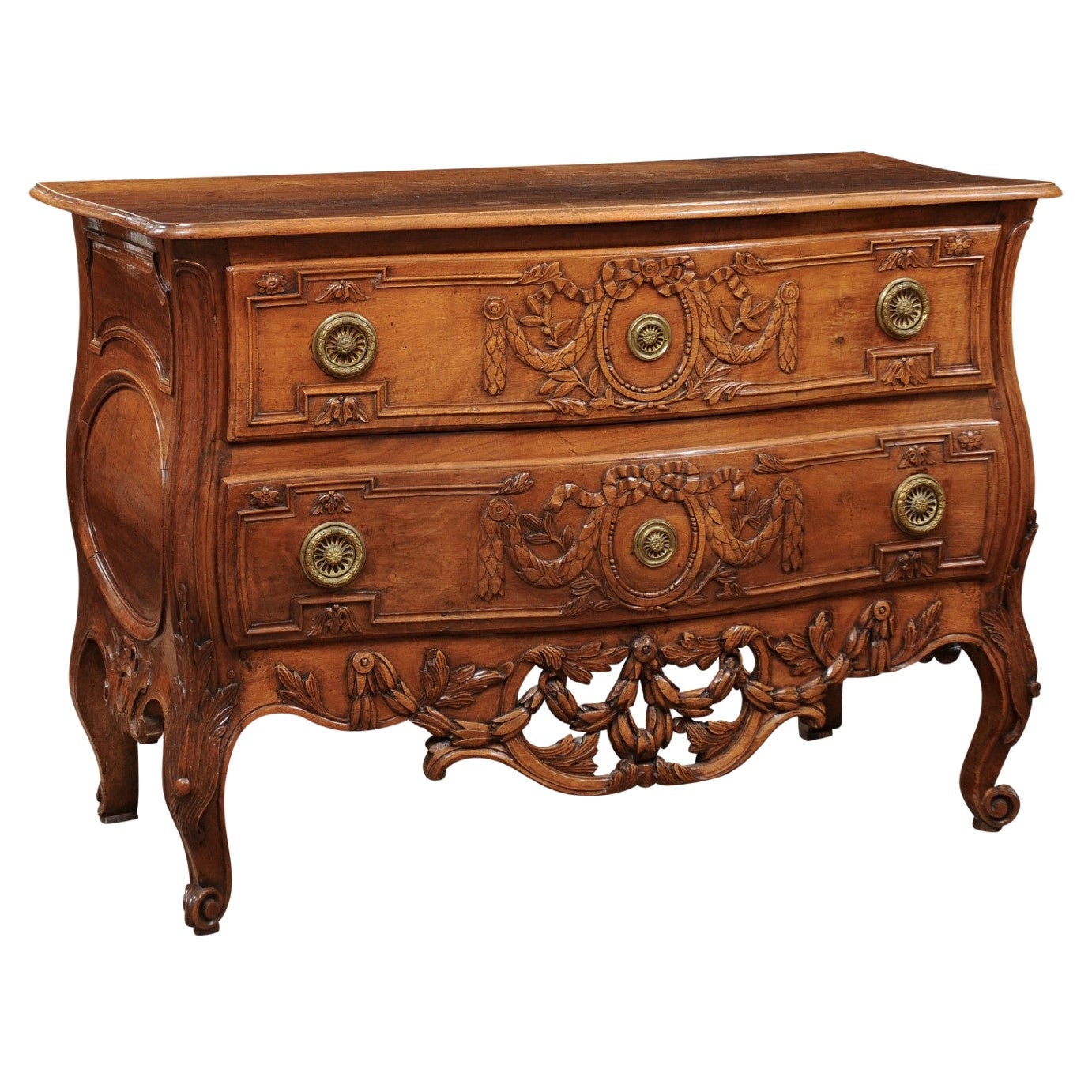 Transitional Louis XV/XVI Walnut Commode with Pierced Apron & Cabriole Legs For Sale
