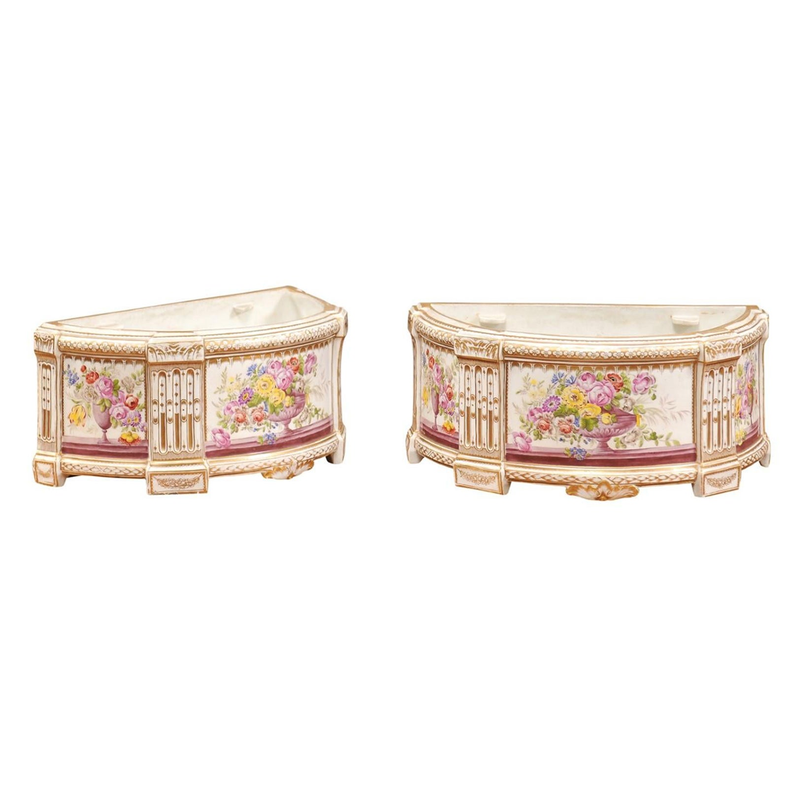 Pair of 19th Century French Porcelain Bough Pots with Gilt & Floral Accents For Sale