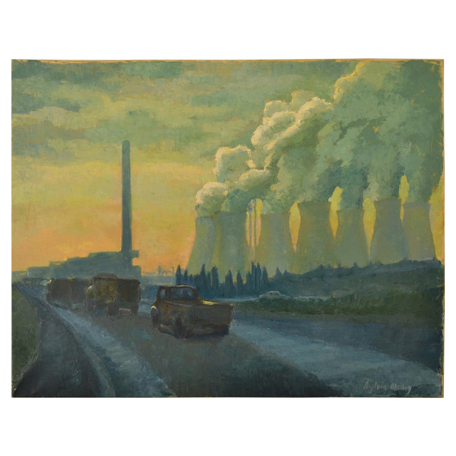 Landscape Painting with Cooling Towers by British Sylvia Molloy, circa 1960 For Sale