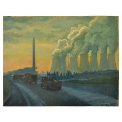 Vintage Landscape Painting with Cooling Towers by British Sylvia Molloy, circa 1960
