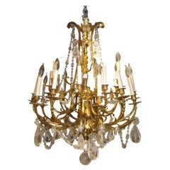 French 19th C Louis XV XVI Style 16 Light Bronze Chandelier with Rock Crystal