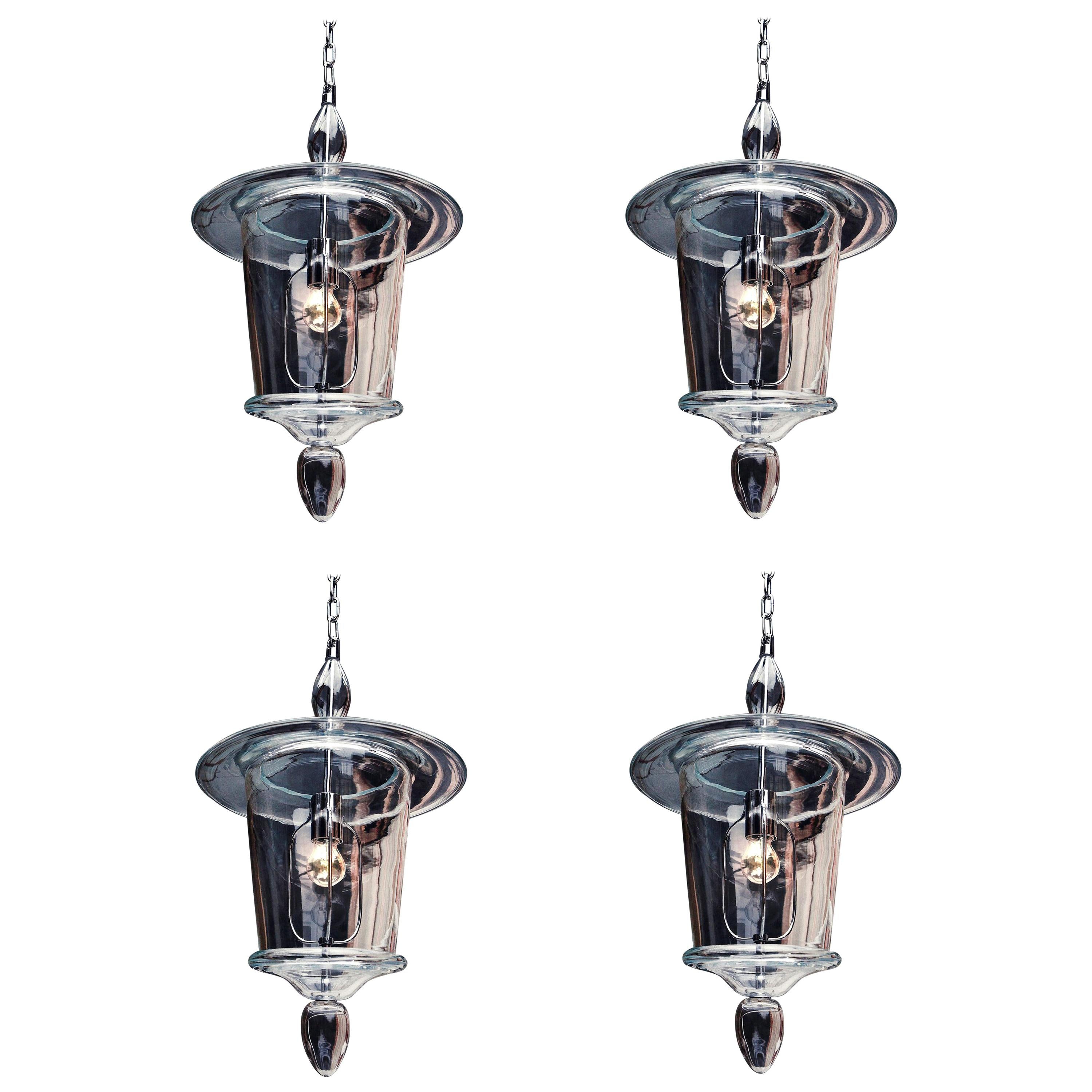 Four Clear Hand Blown Venetian or Murano Glass Lanterns or Pendants, Venini For Sale