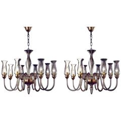 Two Amber Murano Glass Chandeliers with Glass Shades 11