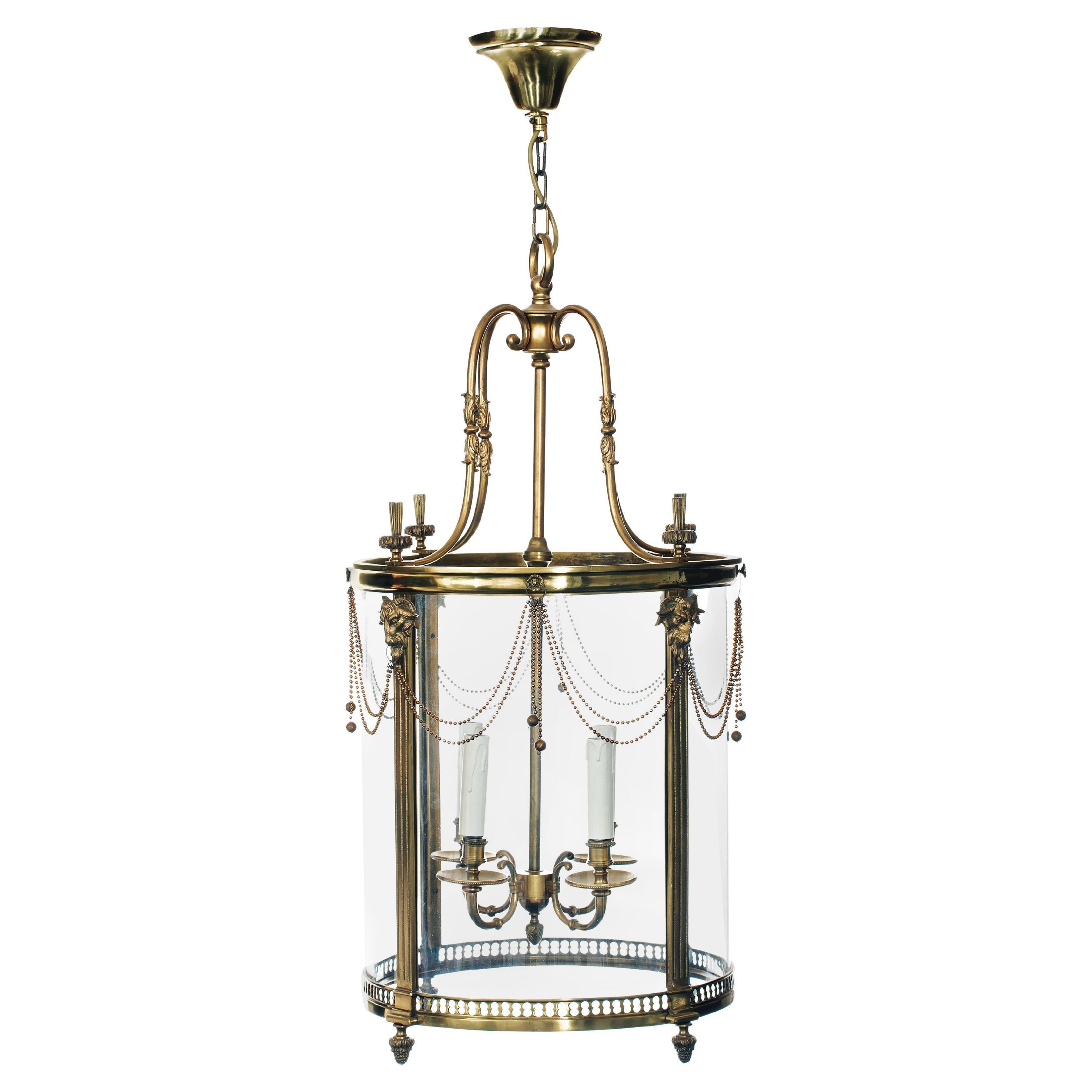 Louis XVI Brass Round Lantern with Rams Heads and Chain Swags For Sale