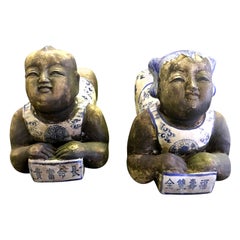 Pair of Chinese Boy and Girl Porcelain Ceramic Pillows Headrests