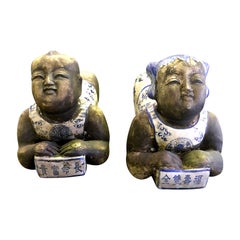 Pair of Chinese Boy and Girl Porcelain Ceramic Pillows Headrests