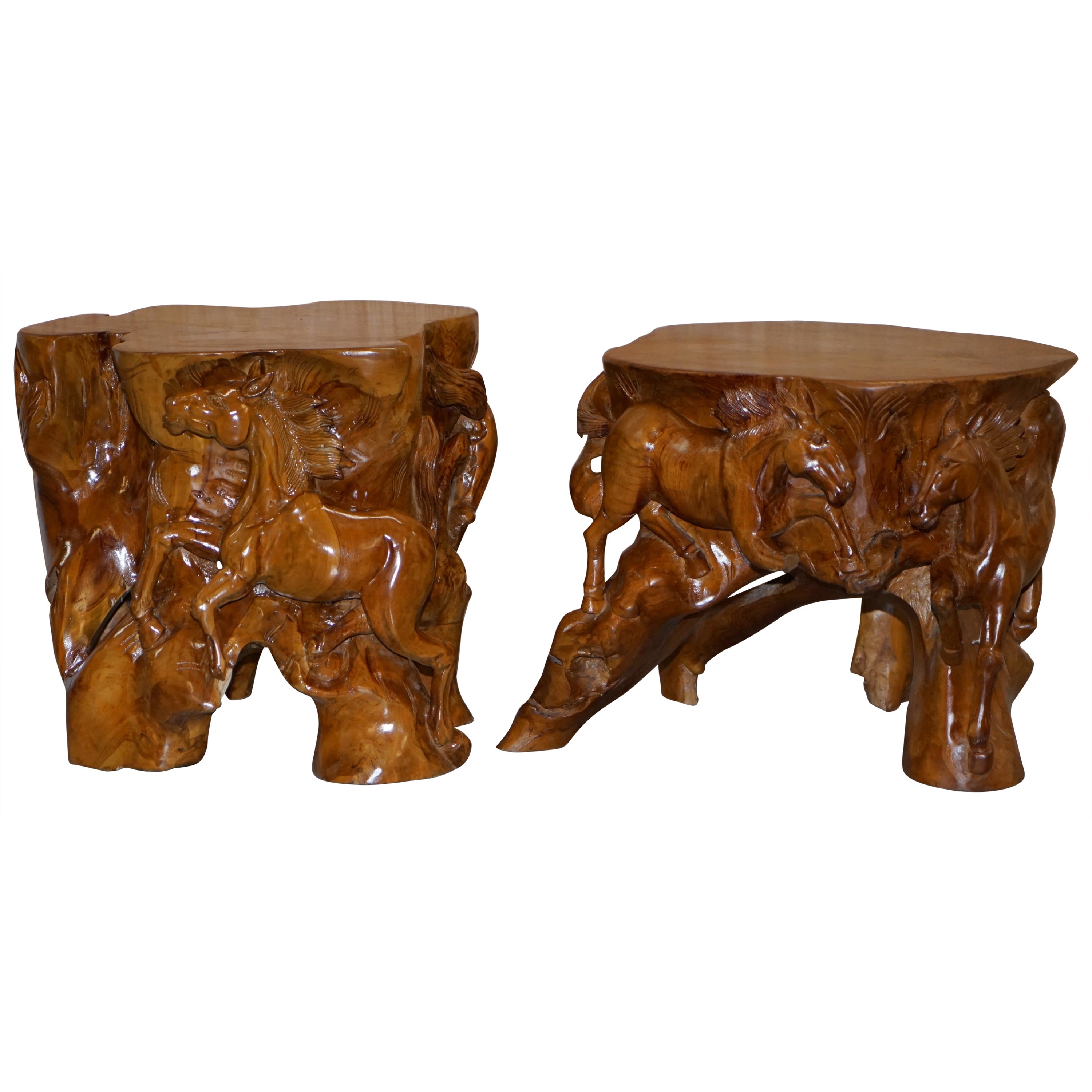 Two Carved Hawaiian Koa Wood Tropical Deco End Tables at 1stDibs