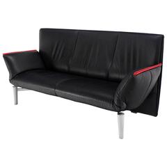 De Sede Vintage Black Leather Sofa with Drop-Down Arms