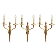 Set of 3 Brass Two-Arms Sconces in French Louis XVI Style