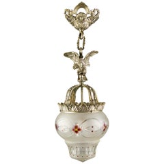 Antique French Neoclassical Style Bronze and Frosted Glass Pendant Light with an Eagle