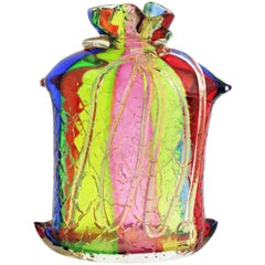 Fratelli Toso Murano Rainbow Stripes Ribbon Glass Vase with Gold Flecks