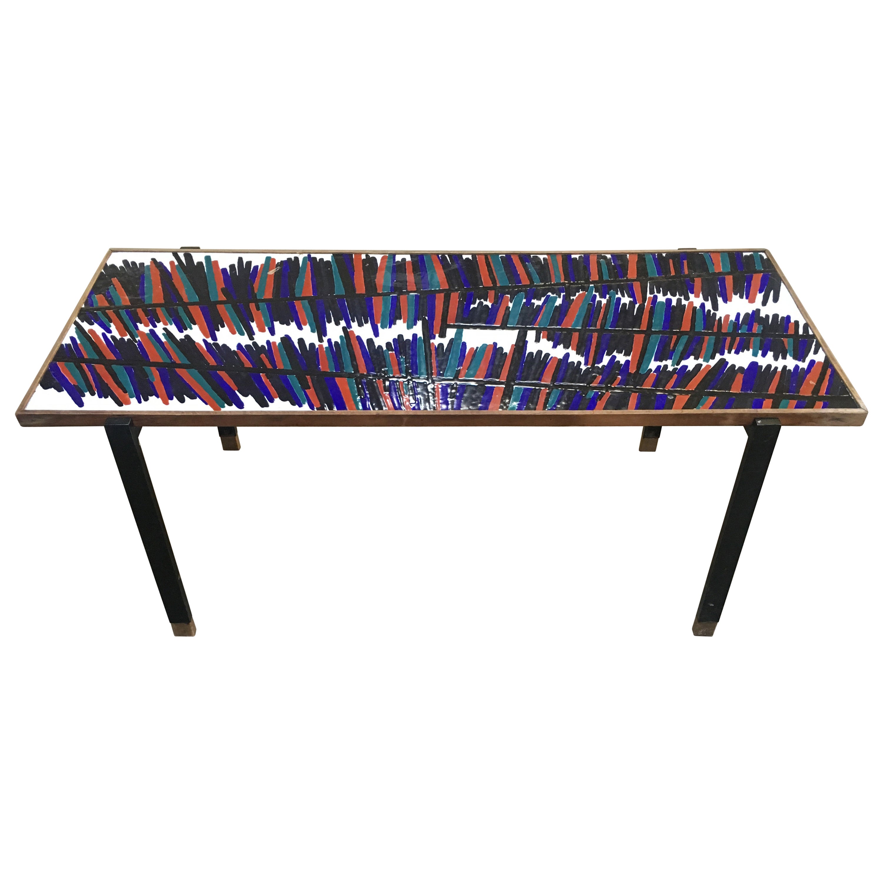 Ceramic Glazed Tiles Coffee Table Decorated with Fish and Bottles For