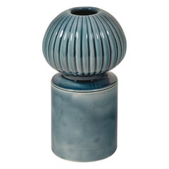 Glazed Blue Medium Ceramic Candle Holder with Sculpted Lid by Laura Gonzalez