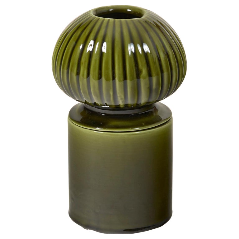 Glazed Green Medium Ceramic Candle Holder With Sculpted Lid by Laura Gonzalez For Sale