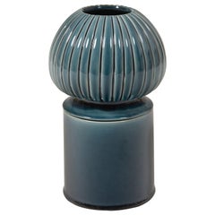 Glazed Blue Large Ceramic Candle Holder with Sculpted Lid by Laura Gonzalez