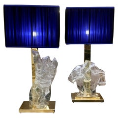 Vintage Pair of Murano Clear Glass Busts Table Lamps with Our Handsewn Lampshades, 1980s