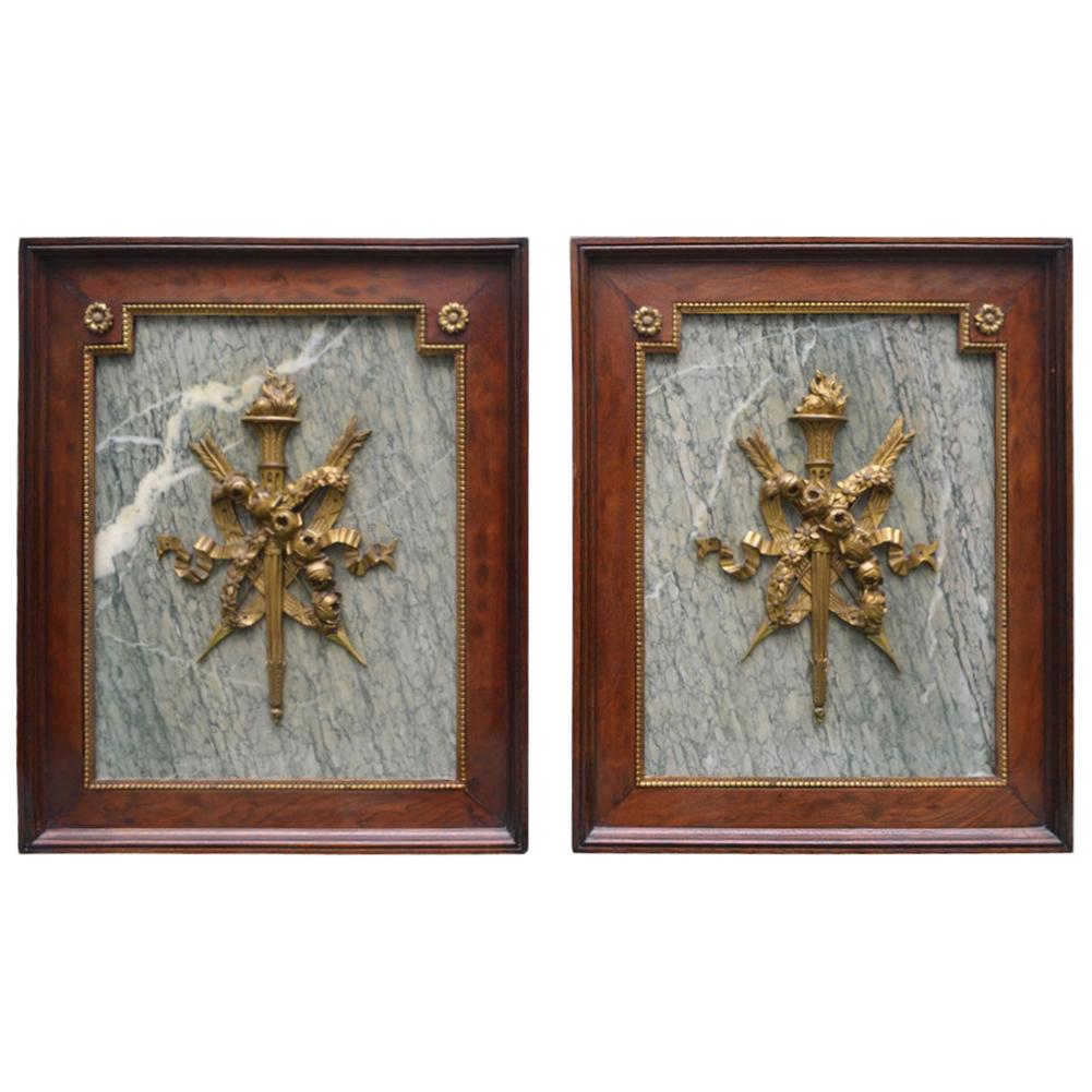Pair of Ormolu and Turquin Grey Marble Wall Mahogany Framed Armorial Plaques For Sale