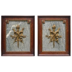 Pair of Ormolu and Turquin Grey Marble Wall Mahogany Framed Armorial Plaques