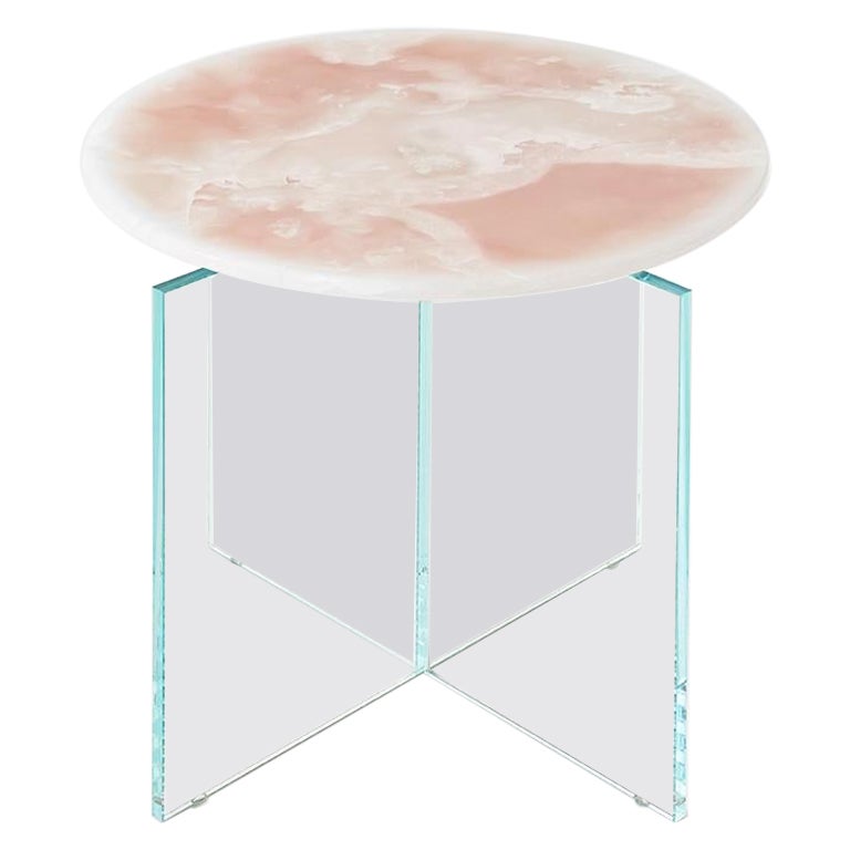 Claste Beside Myself Mini Round End Table in Pink Onyx Marble Top and Glass Base For Sale