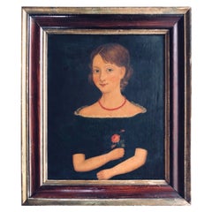American Folk Art Portrait of a Girl Holding a Rose