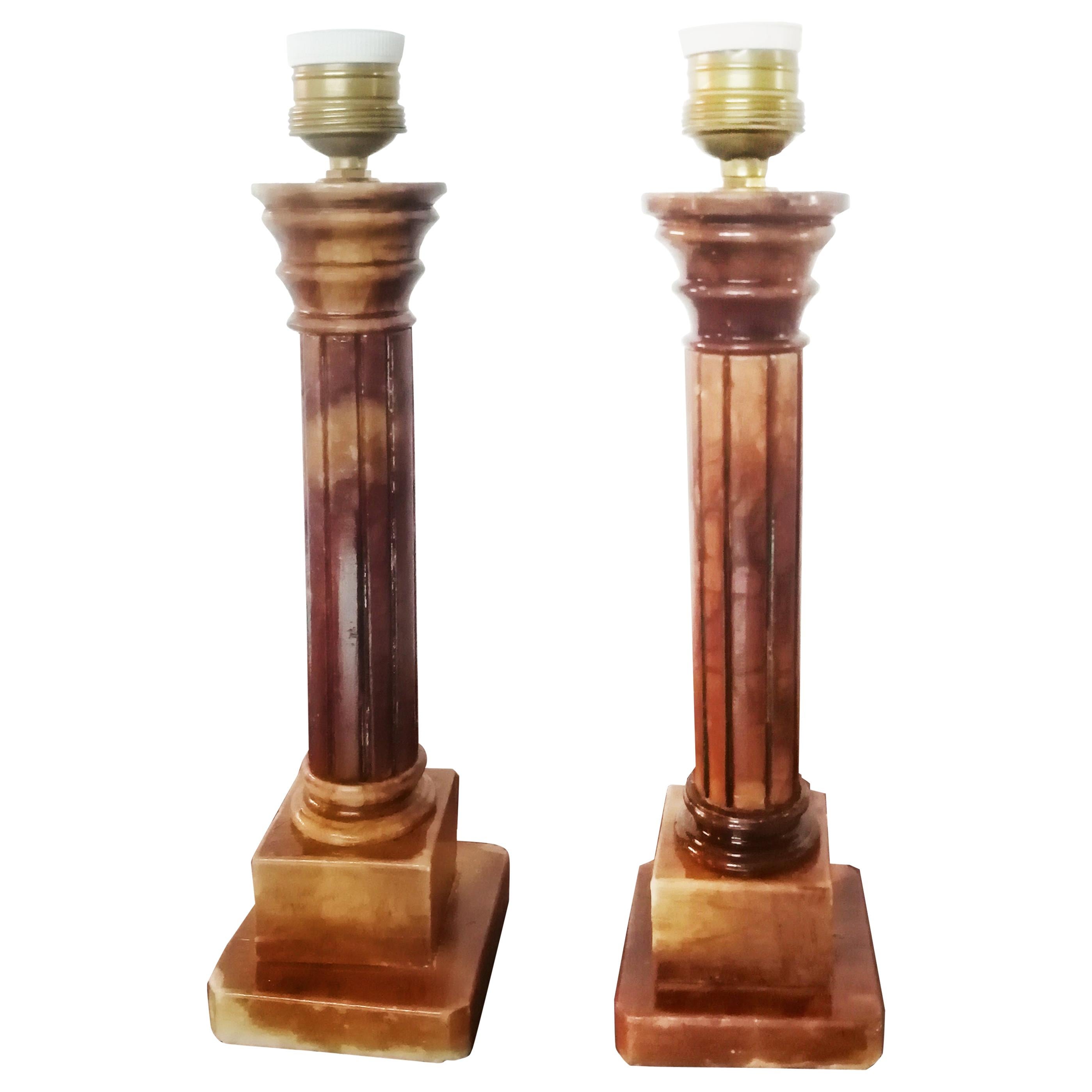 Table Lamps, Classic Column Form Brown Alabaster Pair, Italy, 20th Century