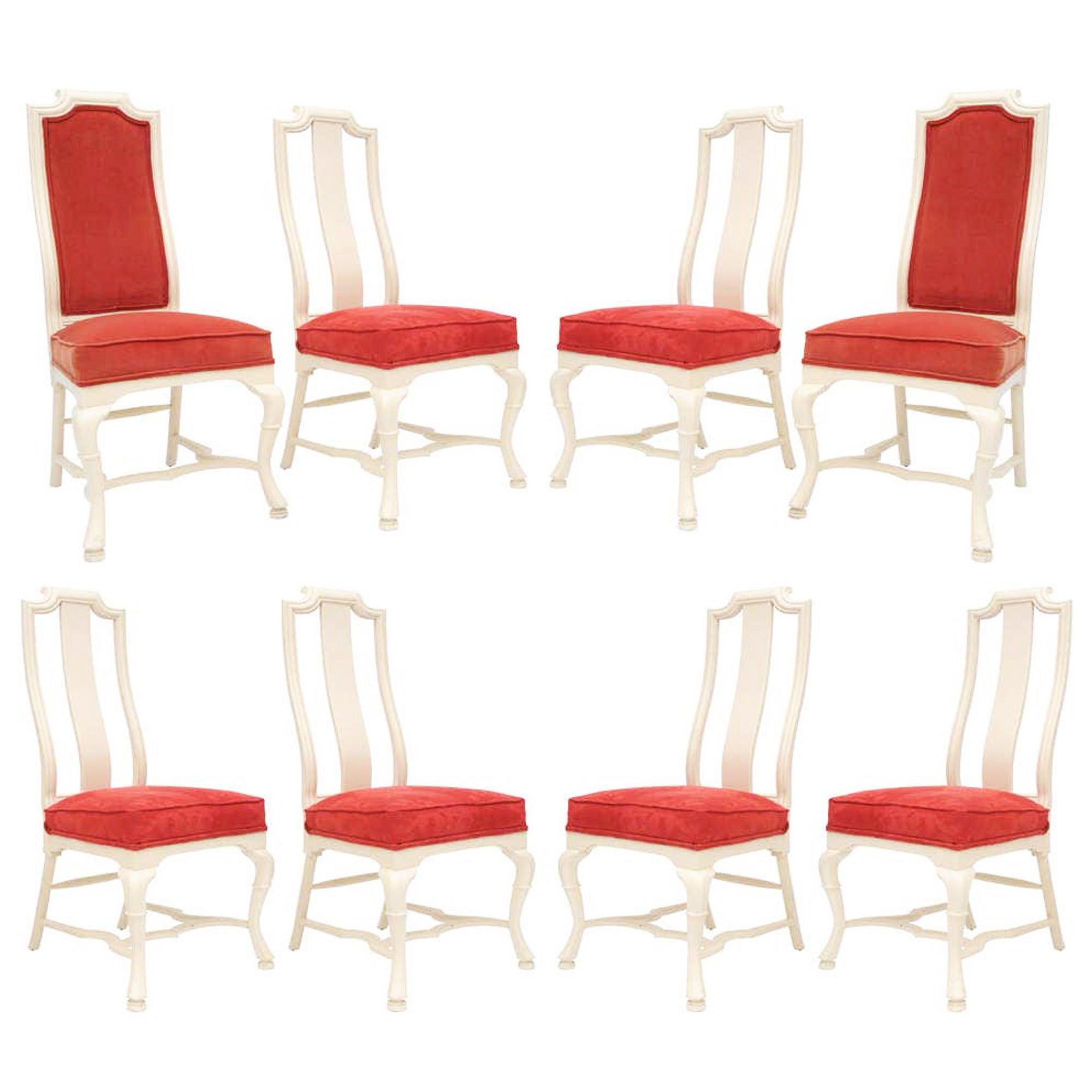 Set of 8 White Painted and Upholstered Dining Chairs