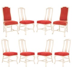 Retro Set of 8 White Painted and Upholstered Dining Chairs