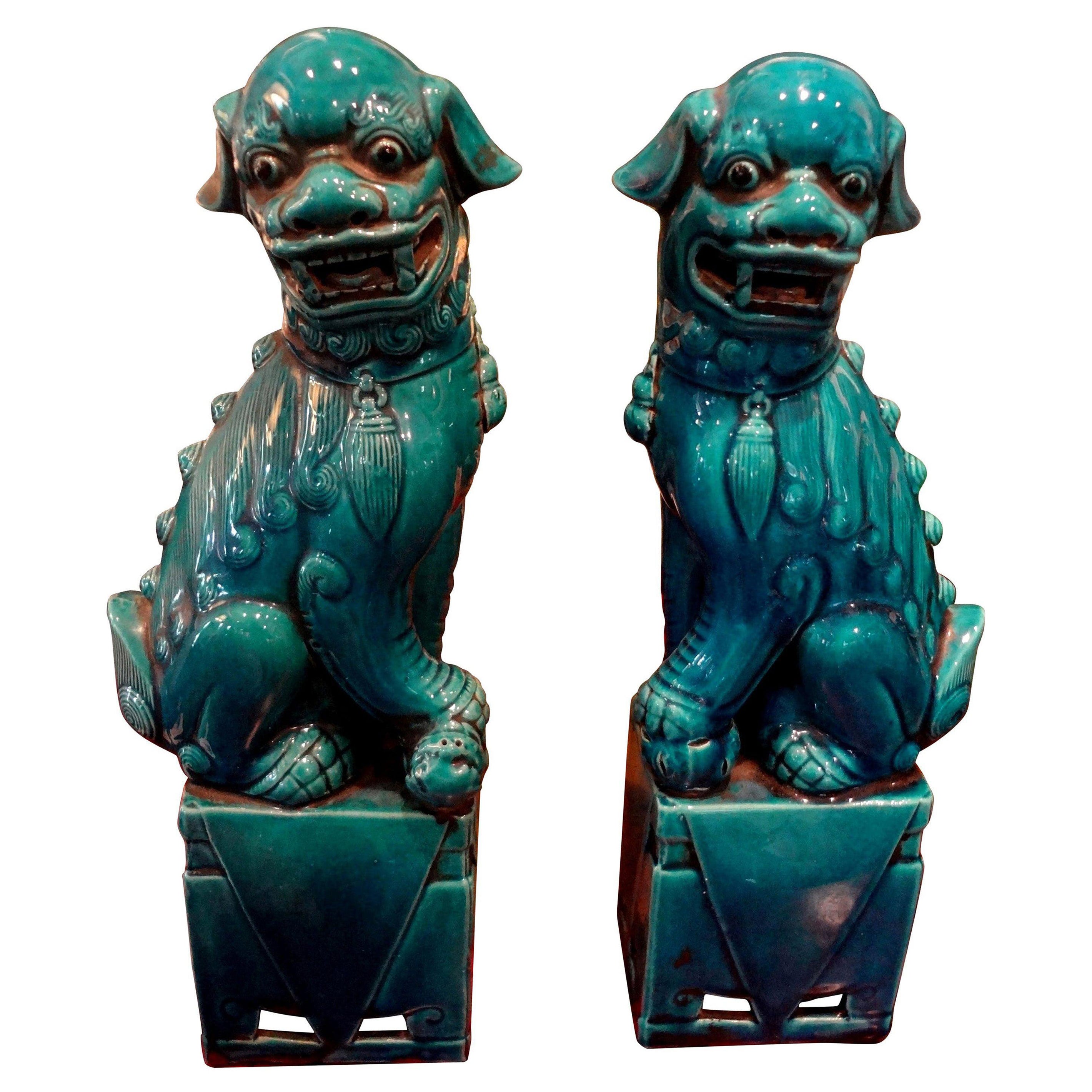 Pair of Large Scale Chinese Glazed Porcelain Foo Dogs or Foo Lions