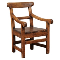 Antique Rustic French 1880s Miniature Oak Chair with Scrolling Arms and Side Stretchers