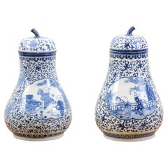 Pair of Chinese Export Blue and White Pear Shaped Porcelain Lidded Vases