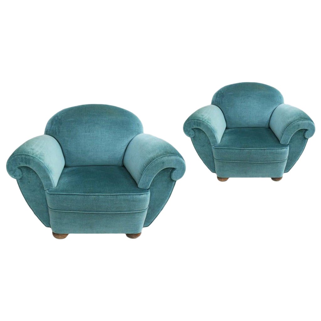 Pair of Deco Style Blue Velvet French Armchairs, France, 1920s