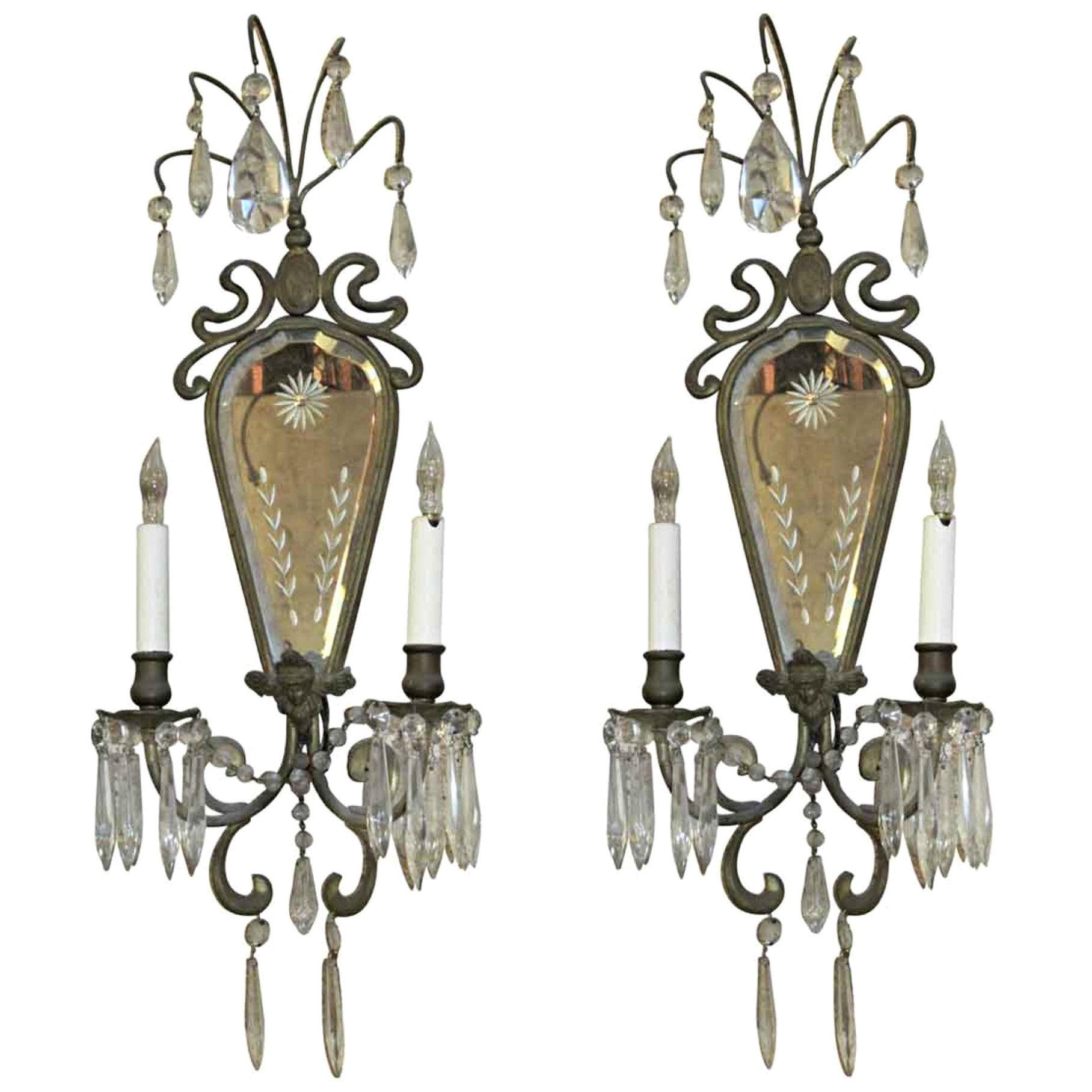 Pair of Vintage Etched Mirrored Wall Sconces at 1stDibs