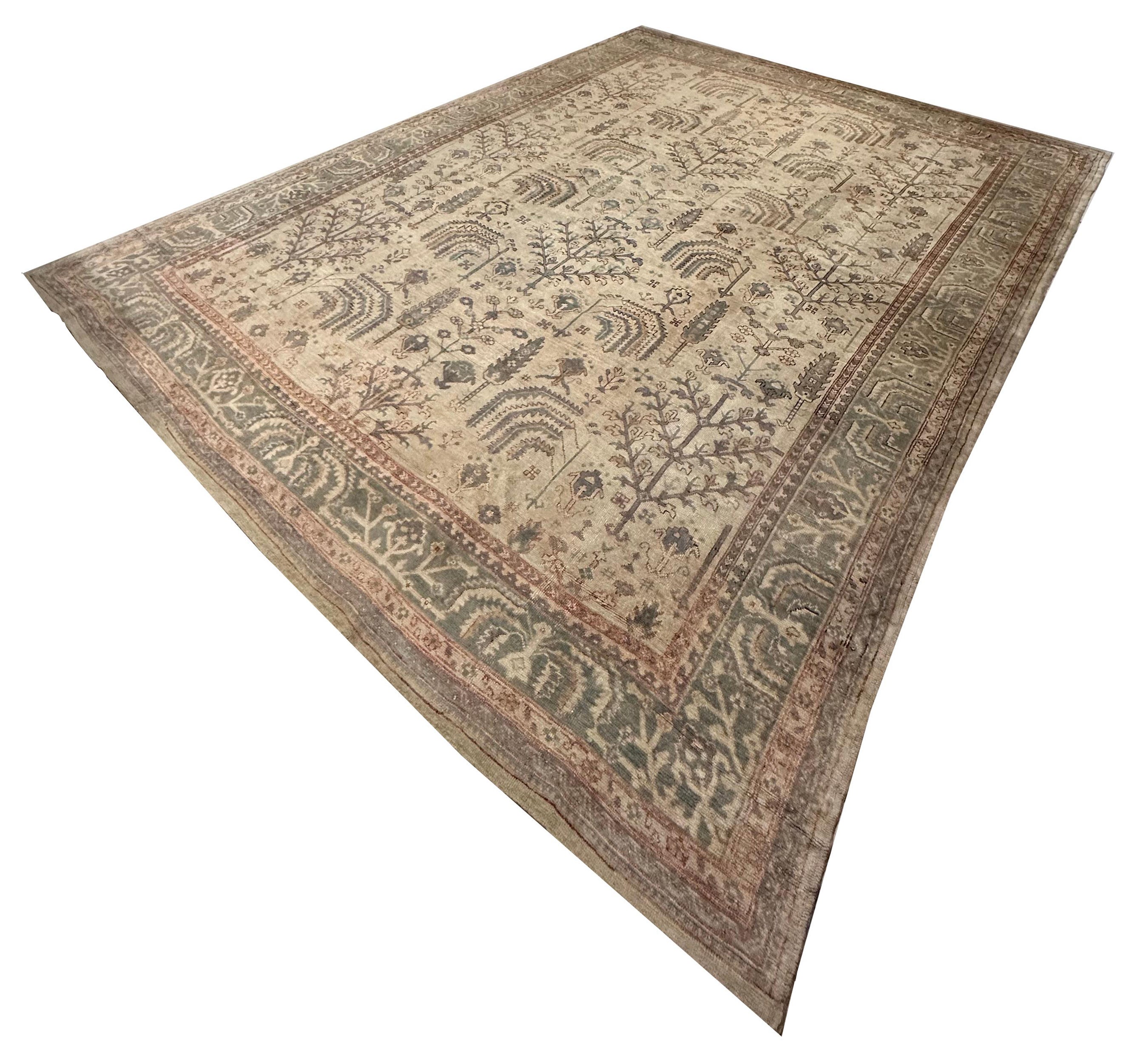 Antique Oushak Carpet, Handmade Oriental Rug Soft Taupe, Green, Beige, Pale Blue For Sale