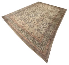 Antique Oushak Carpet, Handmade Oriental Rug Soft Taupe, Green, Beige, Pale Blue