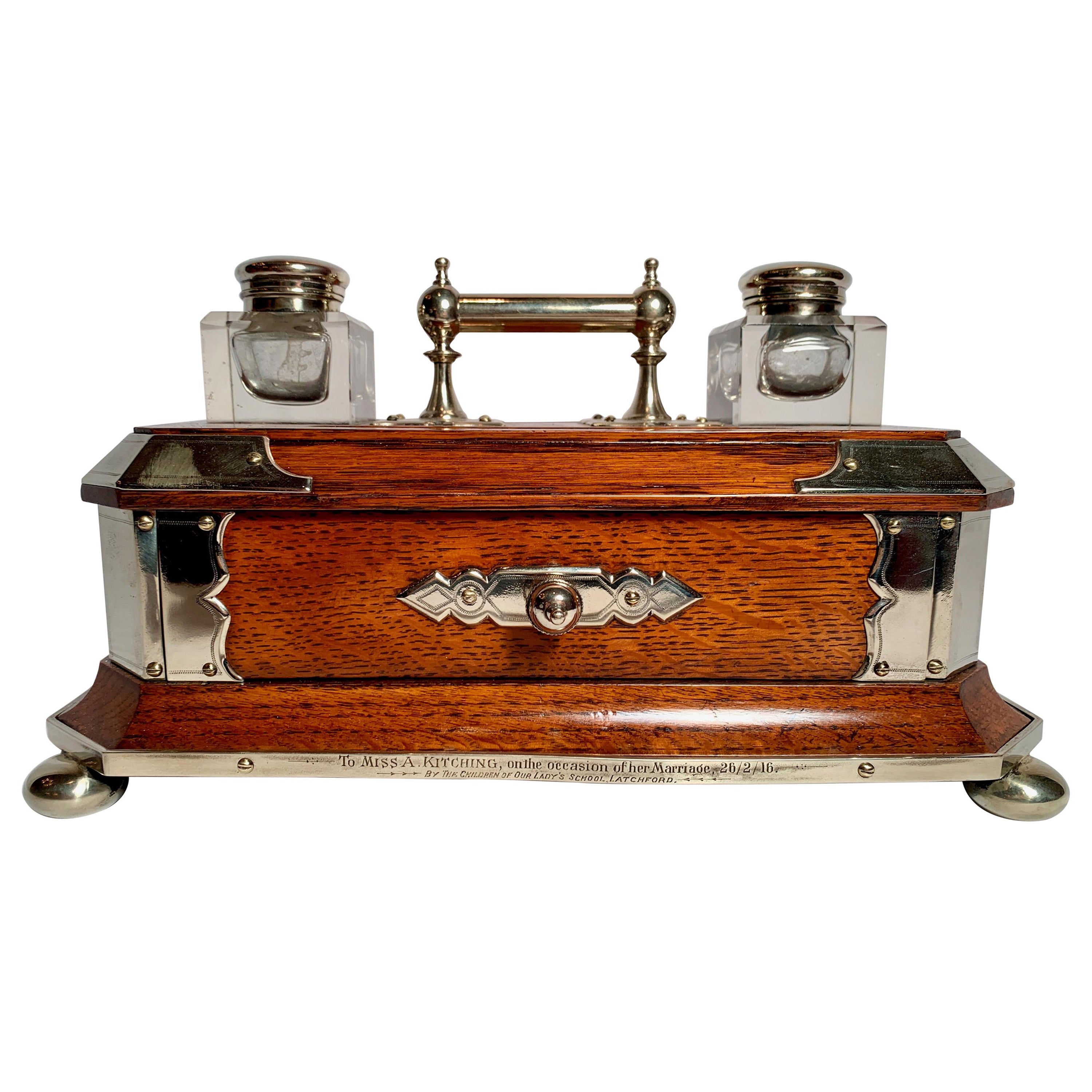 Antique English Golden Oak Inkwell For Sale