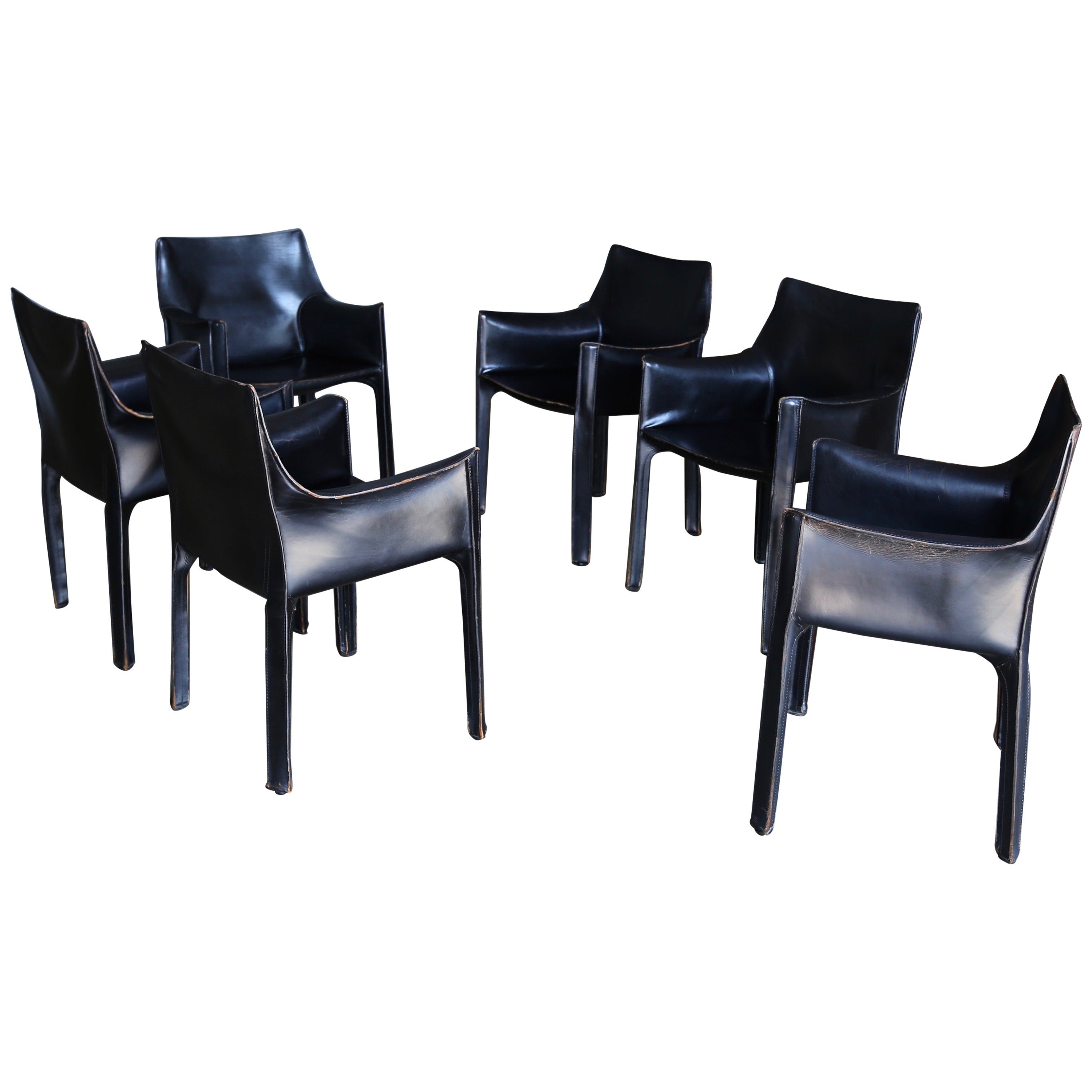 Mario Bellini Set of Six Black Leather "Cab" Chairs for Cassina
