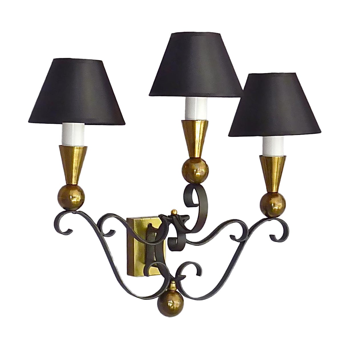 3 Rare Sconces Poillerat Adnet Style Black Forged Iron Brass Gold France 1950s For Sale