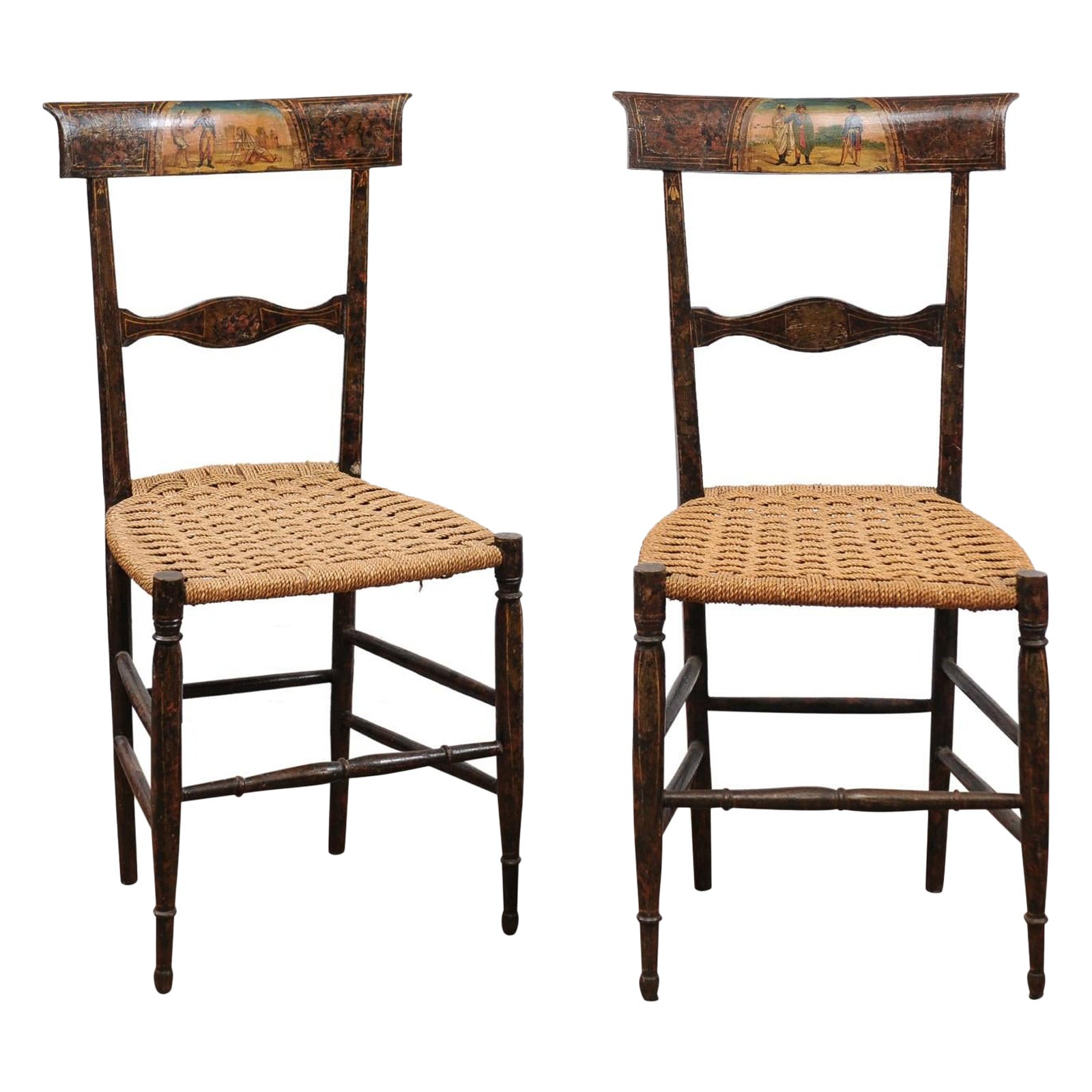 Pair of Neoclassical Black Painted Side Chairs with Woven Seats, Italy ca. 1790 For Sale
