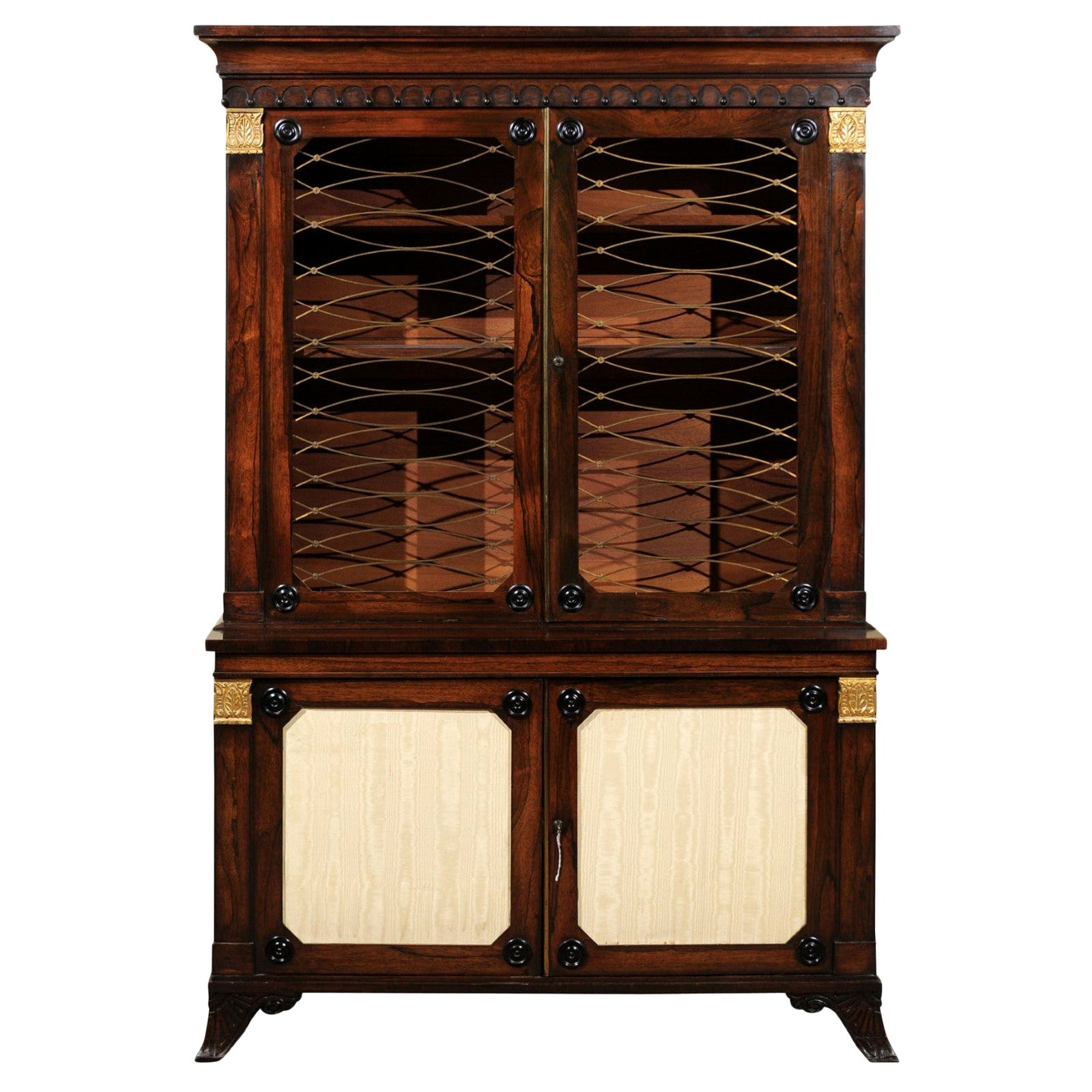 19th Century English Regency Style Rosewood Bookcase/Cabinet with Gilt Accents