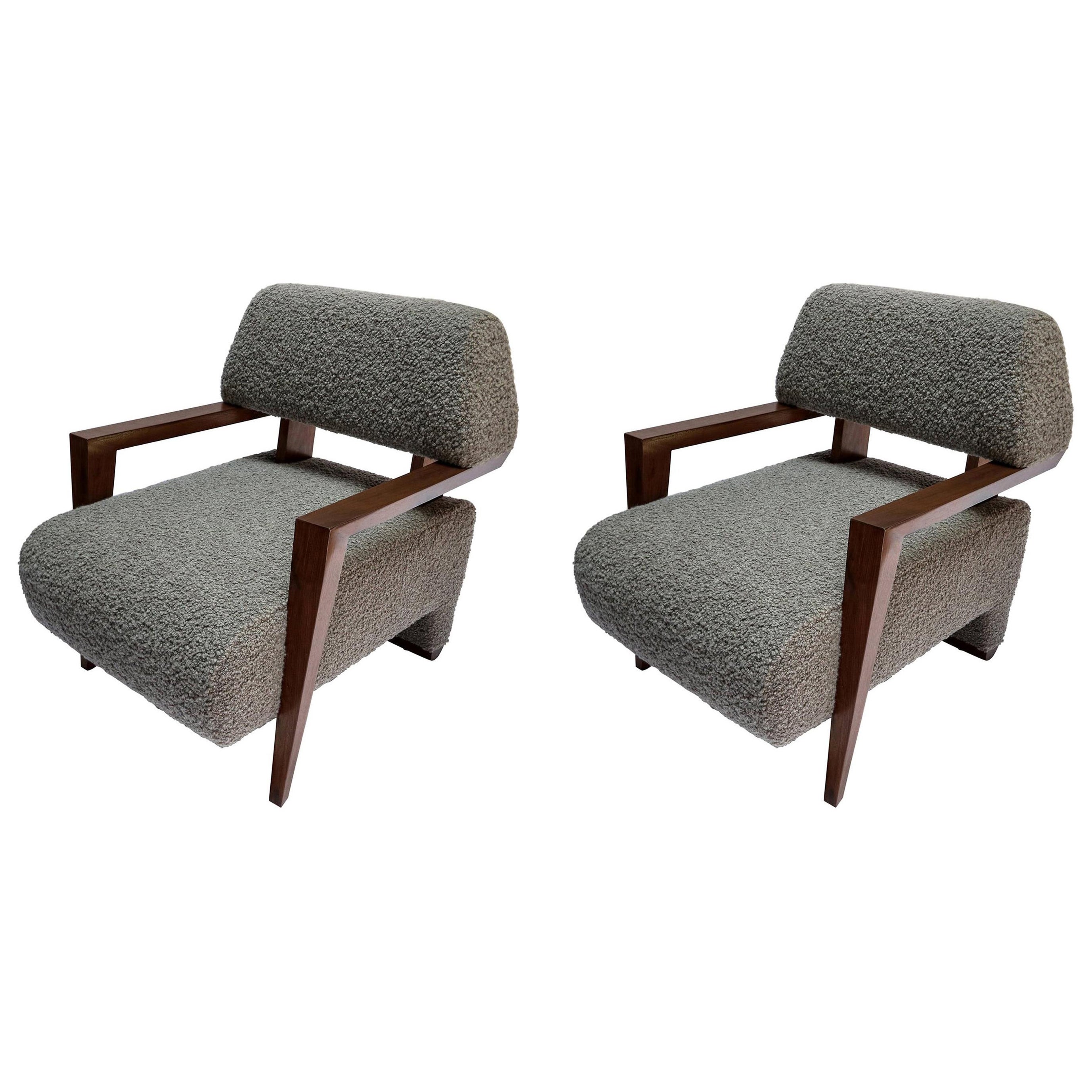 Pair of Custom Art Deco Mid-Century Style Walnut Armchairs by Adesso Imports For Sale