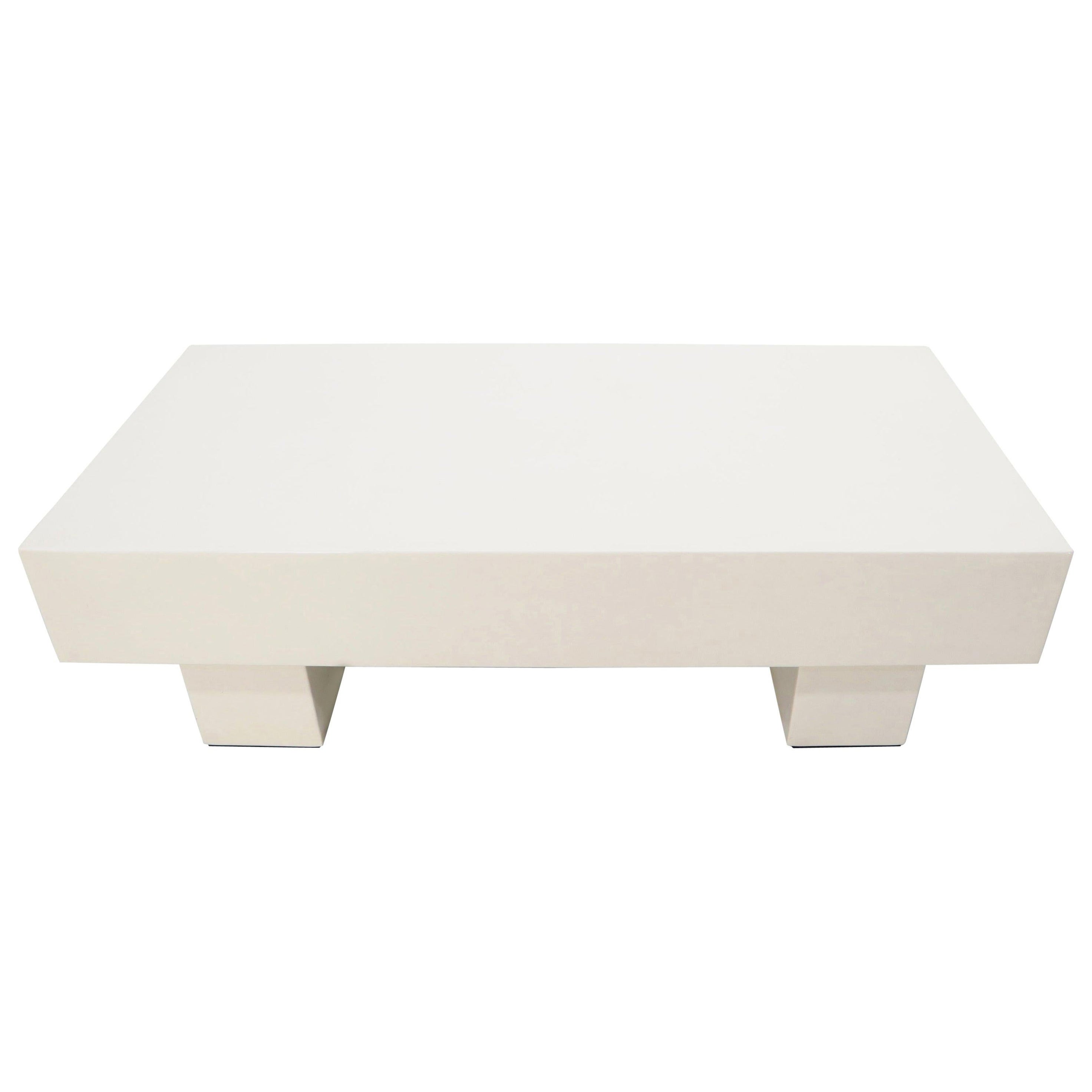 Mid Century Modern Double Pedestal Thick Cream Off-White Lacquer Coffee Table For Sale